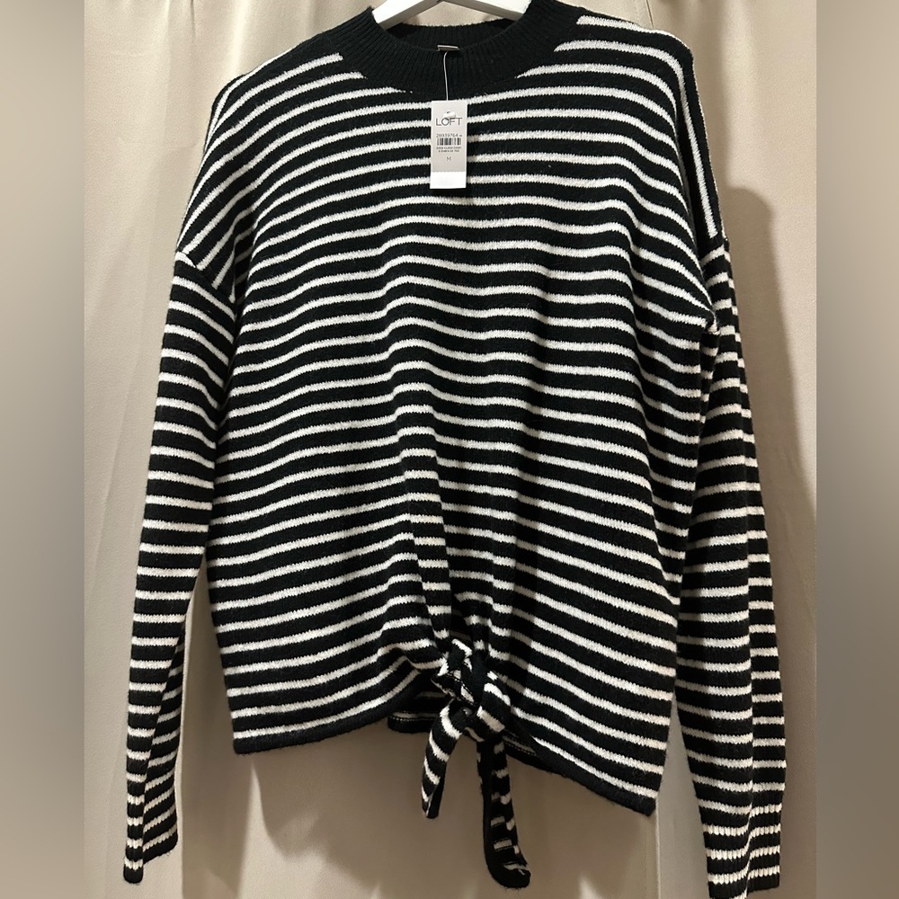 LOFT - Med /black mock turtleneck sweater with cream stripes. Ties at the bottom